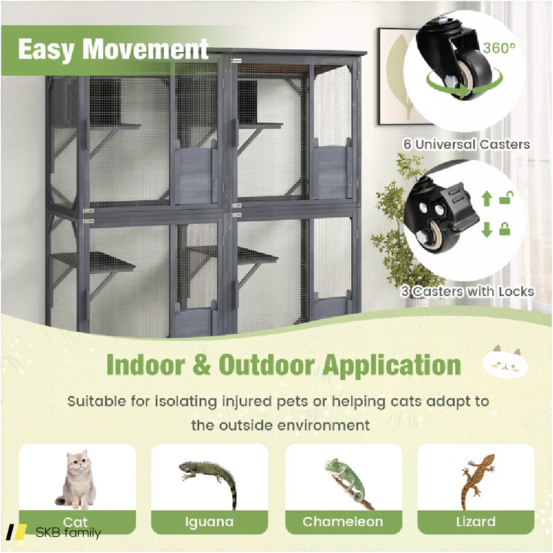 72 Inch Large Wooden Cat House Catio Kitten Enclosure On Wheels With Weatherproof Asphalt Roof 240615-229352