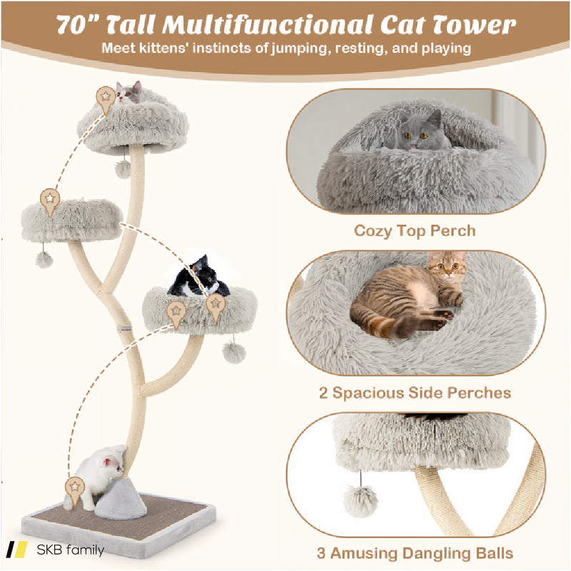 70 Inch Tall Cat Tree 4-Layer Cat Tower With 3 Perches And Dangling Balls 240615-229357