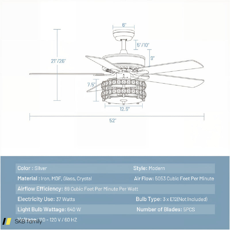 52 Inches Classical Crystal Ceiling Fan Lamp 240615-229361