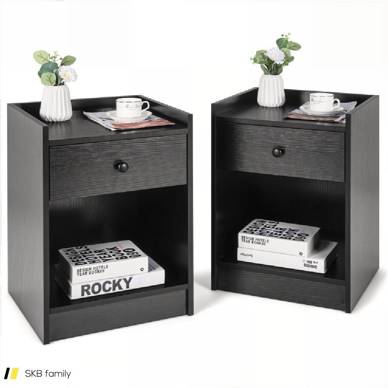 Set Of 2 Nightstand With Drawer Cabinet End Side Table Raised Top 240615-229362