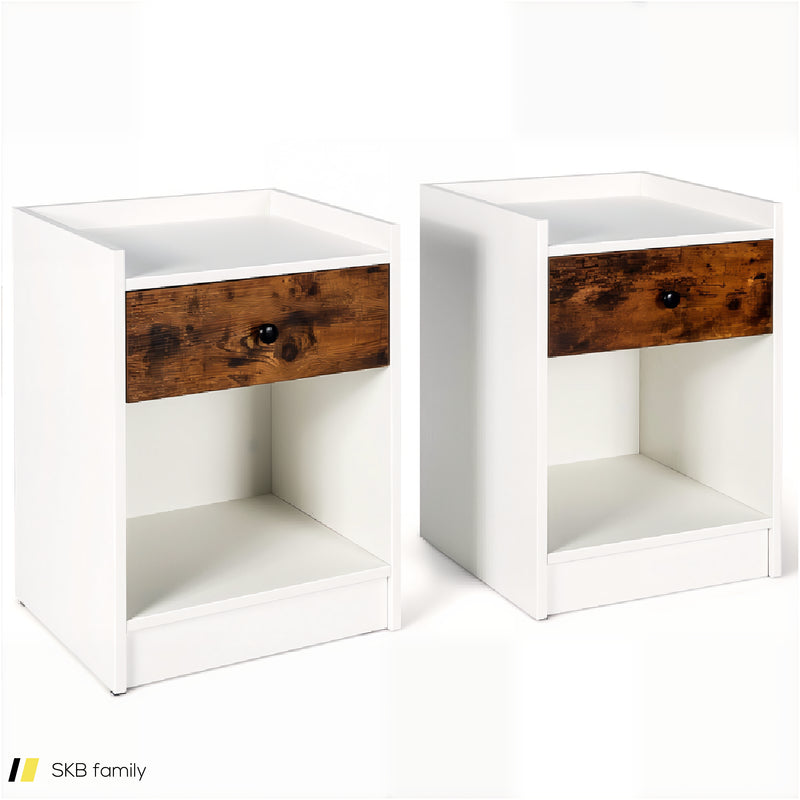 Set Of 2 Nightstand With Drawer Cabinet End Side Table Raised Top 240615-229362