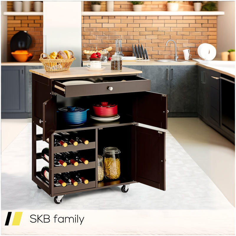 Kitchen Cart With Rubber Wood Top 3 Tier Wine Racks 2 Cabinets 240615-229374