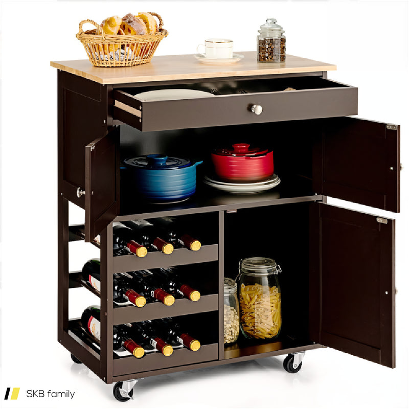 Kitchen Cart With Rubber Wood Top 3 Tier Wine Racks 2 Cabinets 240615-229374