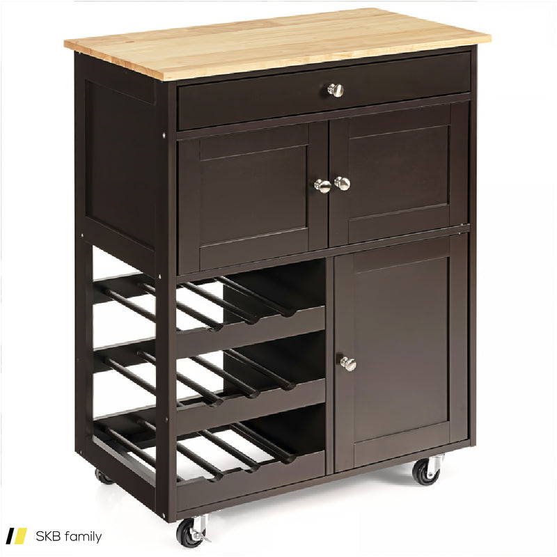 Kitchen Cart With Rubber Wood Top 3 Tier Wine Racks 2 Cabinets 240615-229374