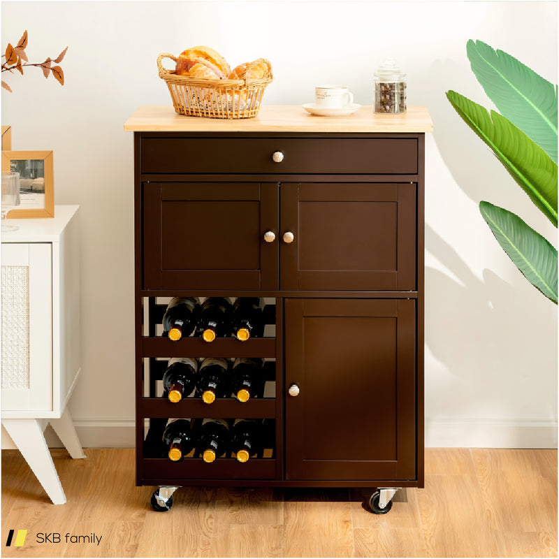 Kitchen Cart With Rubber Wood Top 3 Tier Wine Racks 2 Cabinets 240615-229374