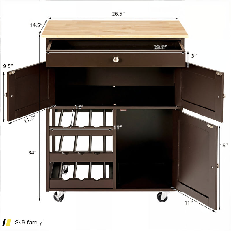 Kitchen Cart With Rubber Wood Top 3 Tier Wine Racks 2 Cabinets 240615-229374