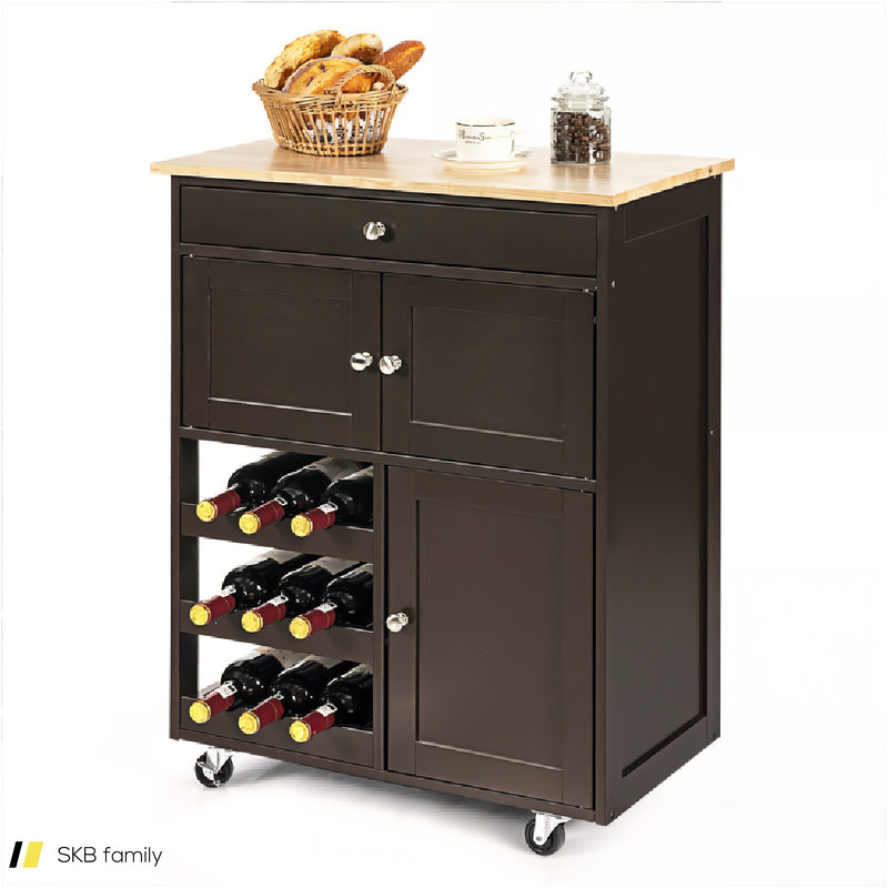 Kitchen Cart With Rubber Wood Top 3 Tier Wine Racks 2 Cabinets 240615-229374