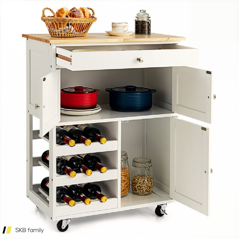 Kitchen Cart With Rubber Wood Top 3 Tier Wine Racks 2 Cabinets 240615-229374