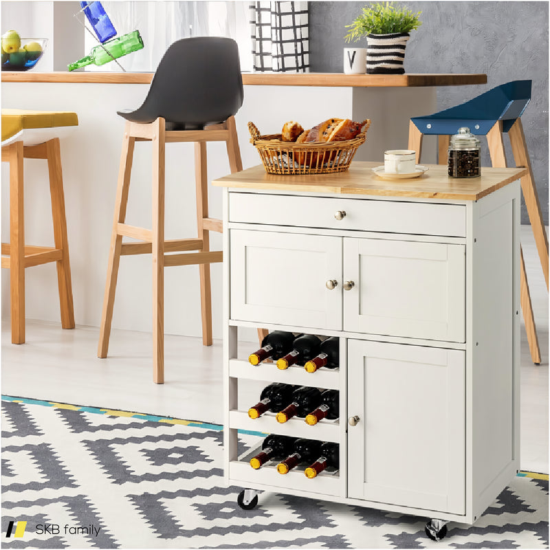 Kitchen Cart With Rubber Wood Top 3 Tier Wine Racks 2 Cabinets 240615-229374