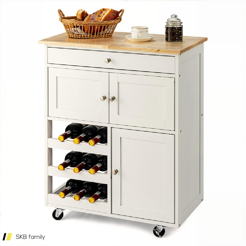 Kitchen Cart With Rubber Wood Top 3 Tier Wine Racks 2 Cabinets 240615-229374