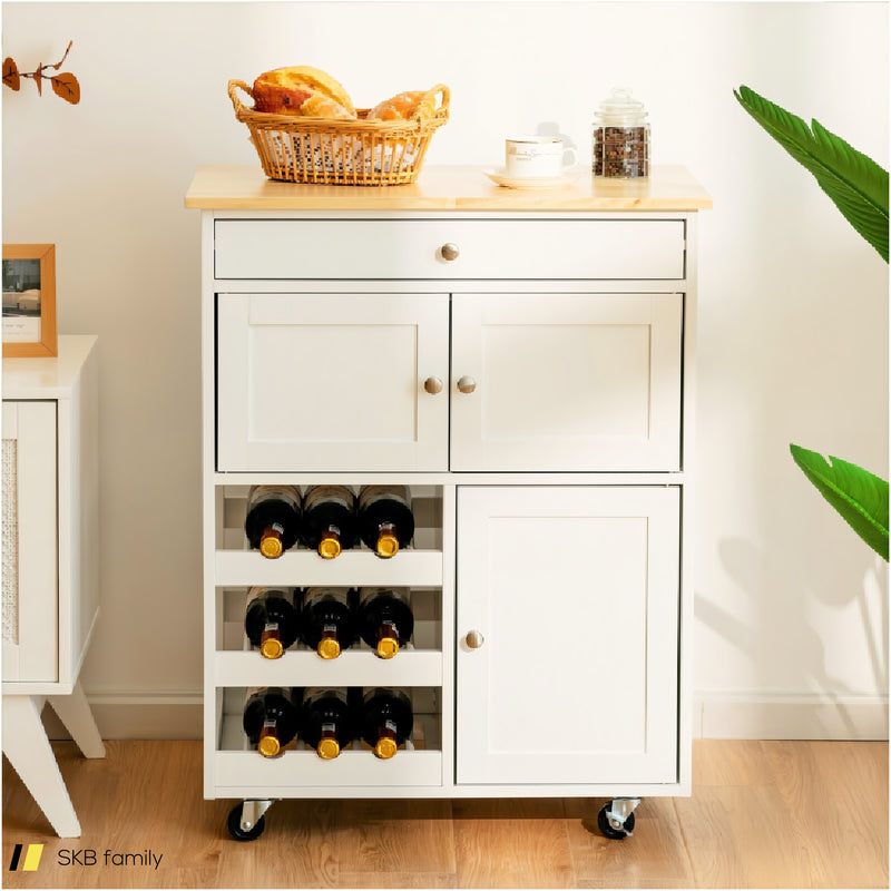 Kitchen Cart With Rubber Wood Top 3 Tier Wine Racks 2 Cabinets 240615-229374