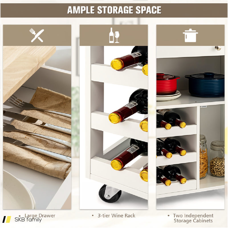 Kitchen Cart With Rubber Wood Top 3 Tier Wine Racks 2 Cabinets 240615-229374