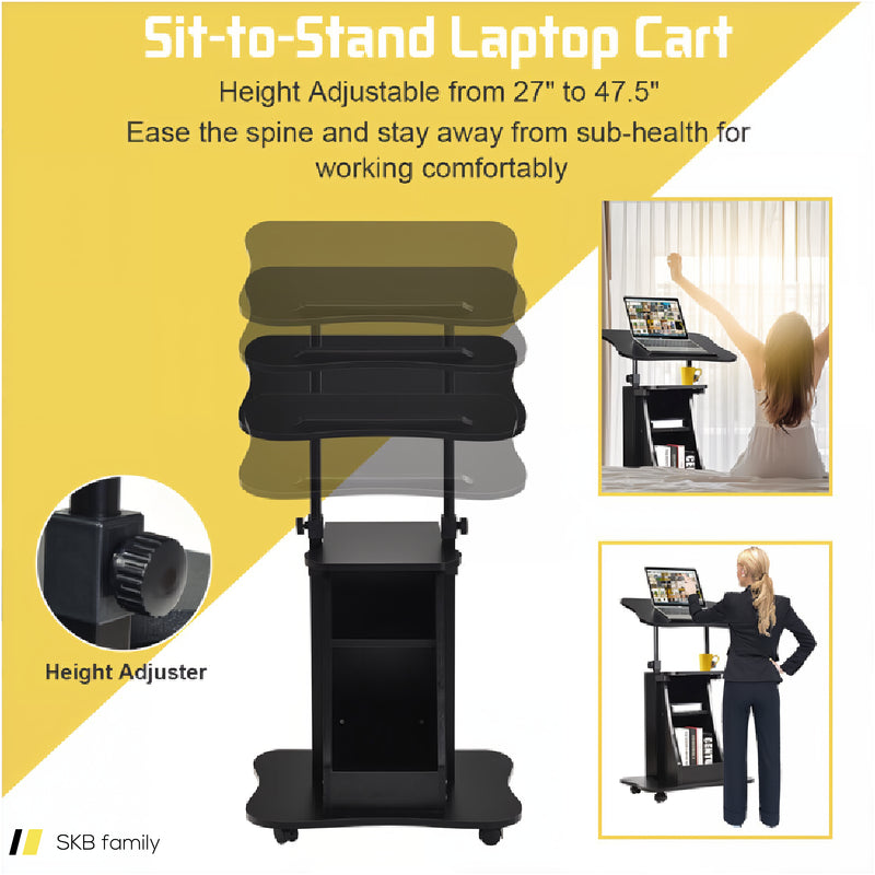 Mobile Podium Stand Height Adjustable Laptop Cart With Tilting Tabletop And Storage Compartments 240615-229384