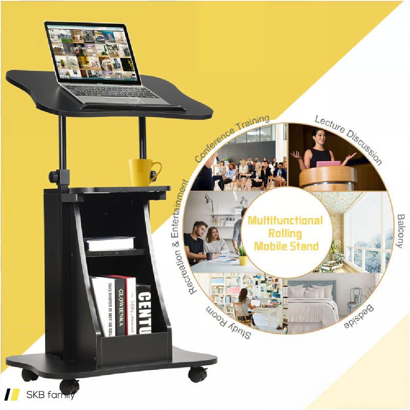 Mobile Podium Stand Height Adjustable Laptop Cart With Tilting Tabletop And Storage Compartments 240615-229384