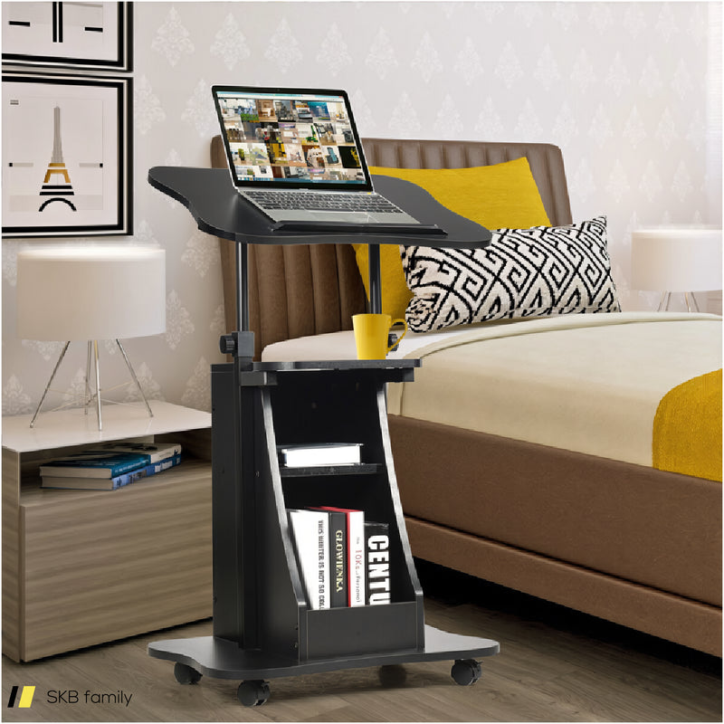 Mobile Podium Stand Height Adjustable Laptop Cart With Tilting Tabletop And Storage Compartments 240615-229384