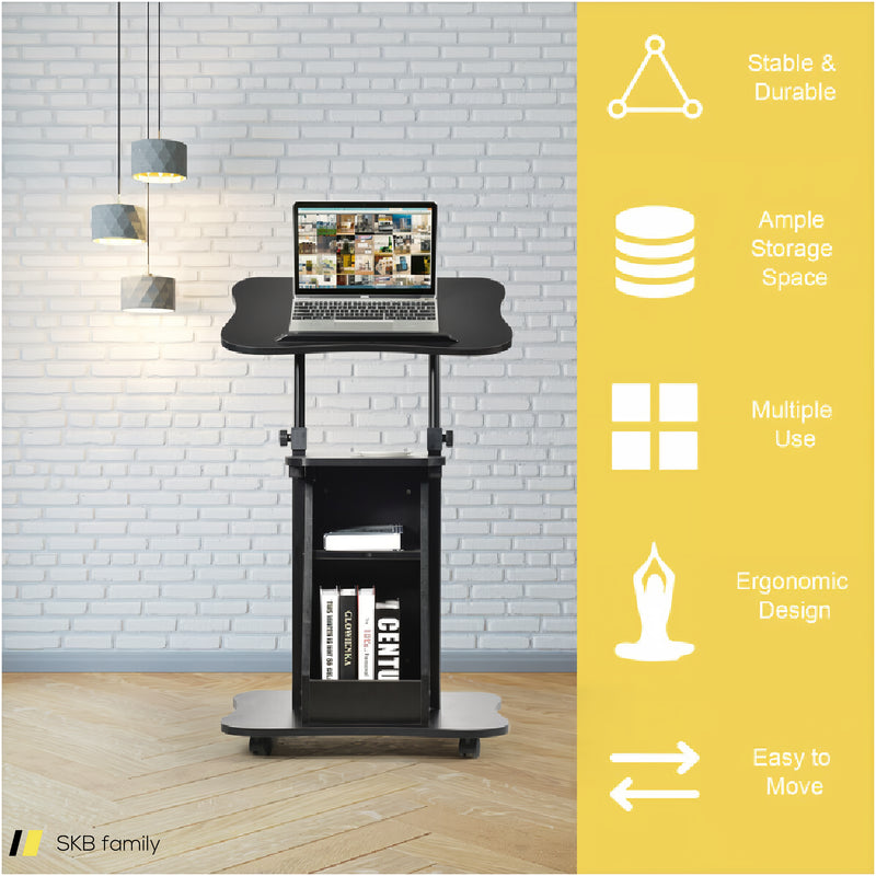 Mobile Podium Stand Height Adjustable Laptop Cart With Tilting Tabletop And Storage Compartments 240615-229384