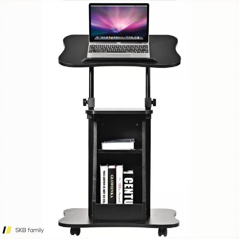 Mobile Podium Stand Height Adjustable Laptop Cart With Tilting Tabletop And Storage Compartments 240615-229384