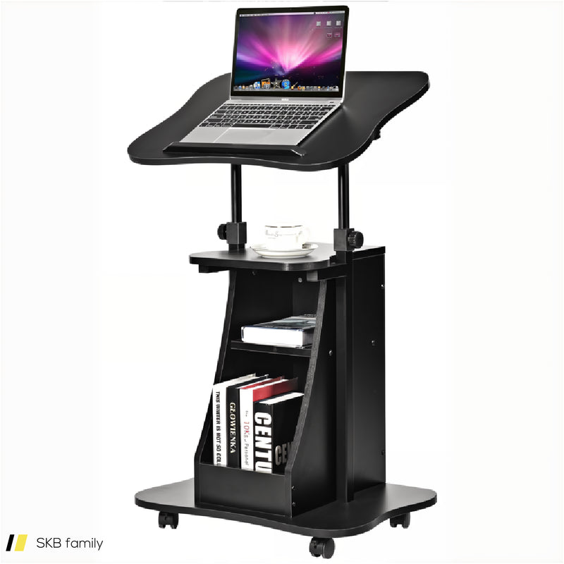 Mobile Podium Stand Height Adjustable Laptop Cart With Tilting Tabletop And Storage Compartments 240615-229384