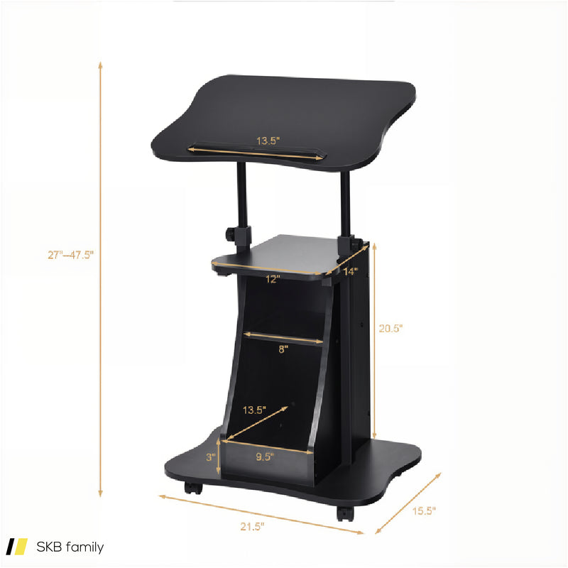 Mobile Podium Stand Height Adjustable Laptop Cart With Tilting Tabletop And Storage Compartments 240615-229384