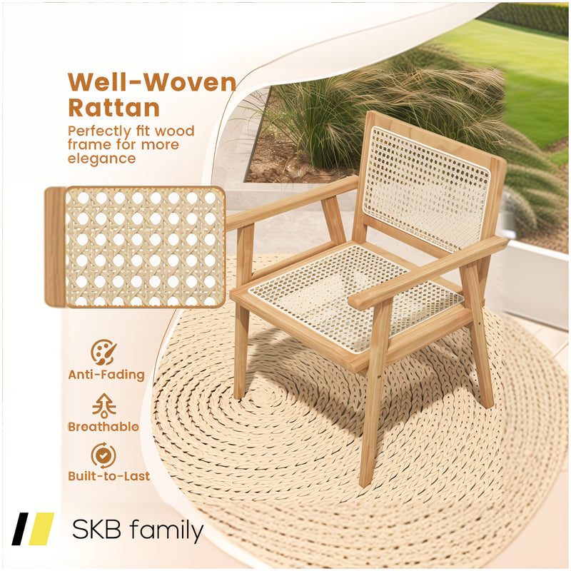 Indonesia Teak Wood Chair With Natural Rattan Seat And Curved Backrest For Backyard Porch Balcony 240615-229387