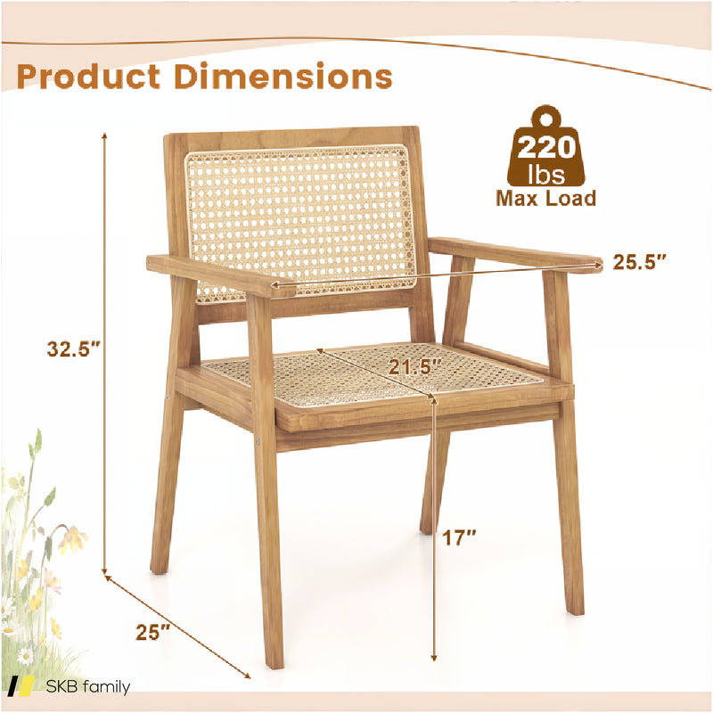 Indonesia Teak Wood Chair With Natural Rattan Seat And Curved Backrest For Backyard Porch Balcony 240615-229387