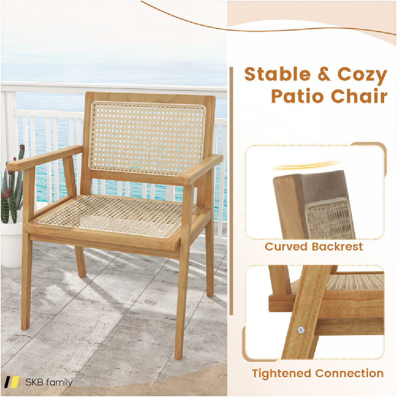 Indonesia Teak Wood Chair With Natural Rattan Seat And Curved Backrest For Backyard Porch Balcony 240615-229387