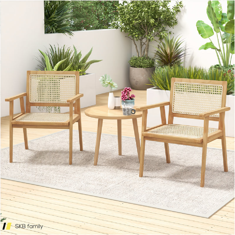 Indonesia Teak Wood Chair With Natural Rattan Seat And Curved Backrest For Backyard Porch Balcony 240615-229387