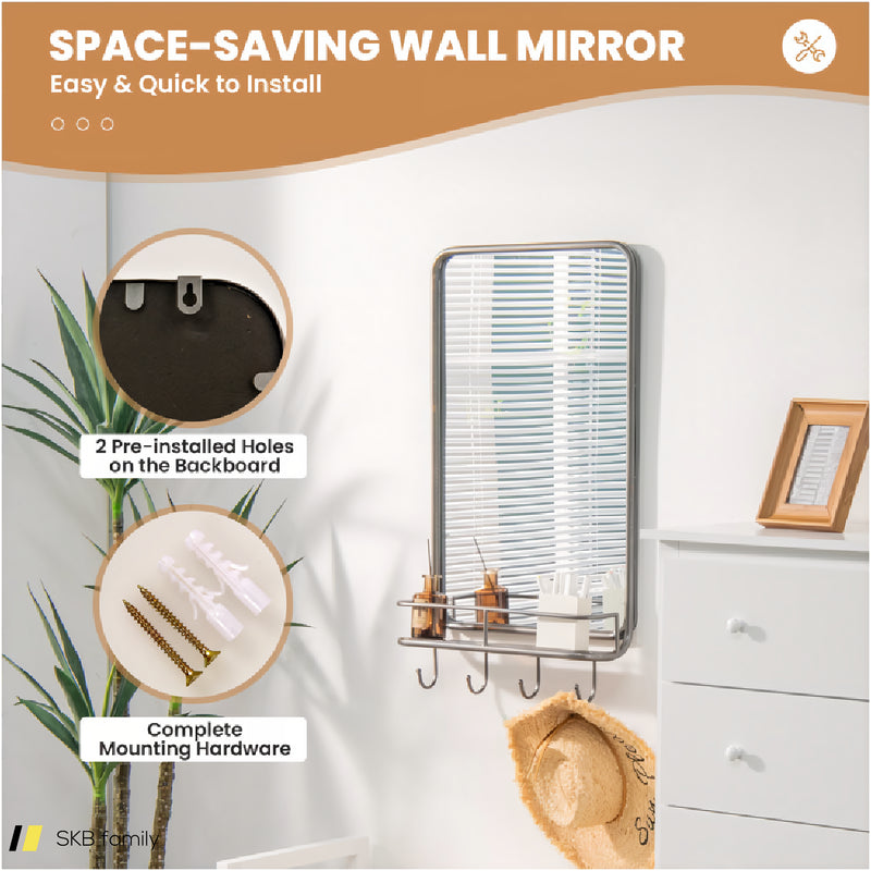 Wall Bathroom Mirror With Shelf Hooks Sturdy Metal Frame For Bedroom Living Room 240615-229393