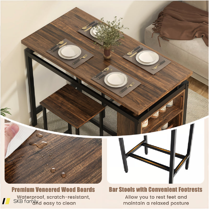 3 Pieces Dining Table Set With 3-Tier Storage Shelf And Metal Frame 240615-229395