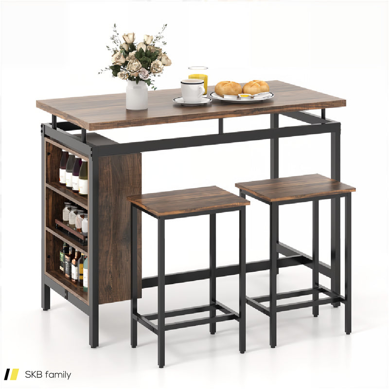 3 Pieces Dining Table Set With 3-Tier Storage Shelf And Metal Frame 240615-229395