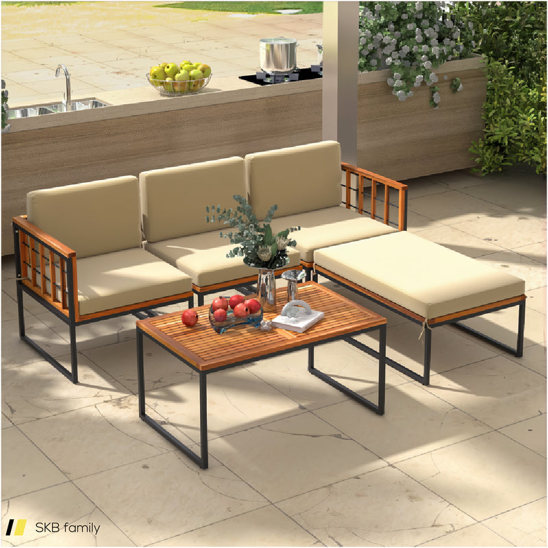 5 Pieces Patio Furniture Set Acacia Wood Sectional Set With Heavy-Duty Metal Frame 240615-229399