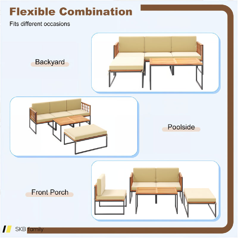 5 Pieces Patio Furniture Set Acacia Wood Sectional Set With Heavy-Duty Metal Frame 240615-229399