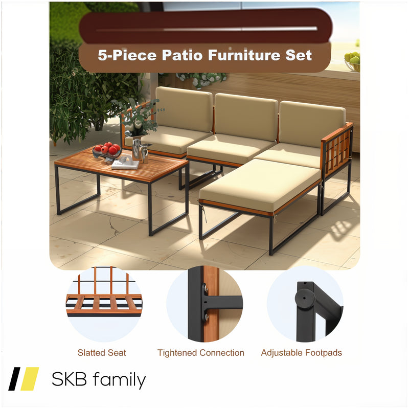 5 Pieces Patio Furniture Set Acacia Wood Sectional Set With Heavy-Duty Metal Frame 240615-229399