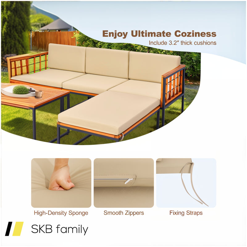 5 Pieces Patio Furniture Set Acacia Wood Sectional Set With Heavy-Duty Metal Frame 240615-229399