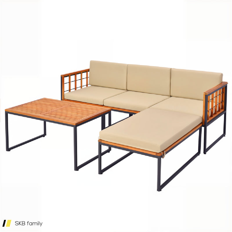 5 Pieces Patio Furniture Set Acacia Wood Sectional Set With Heavy-Duty Metal Frame 240615-229399