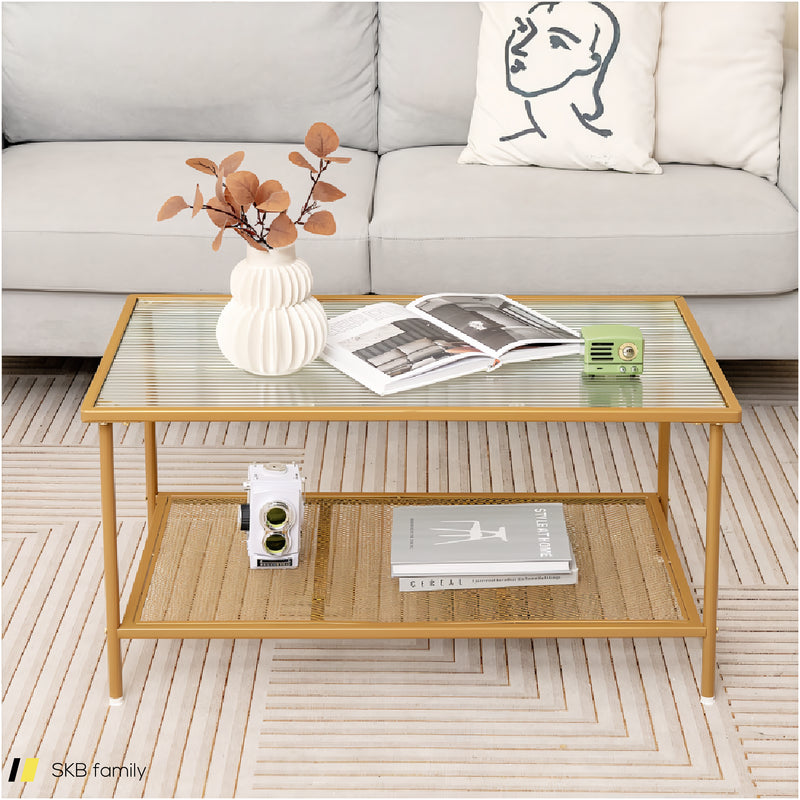 2-Tier Coffee Table With Shelf Center Tea Table With Tempered Glass Top 240615-230189