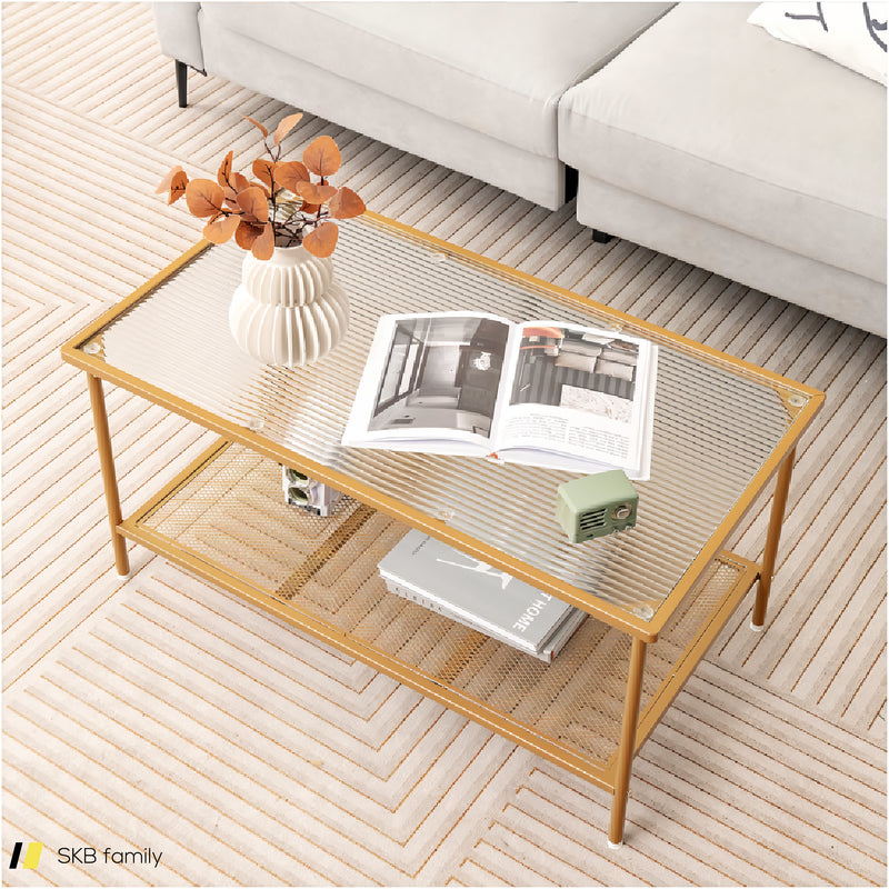 2-Tier Coffee Table With Shelf Center Tea Table With Tempered Glass Top 240615-230189