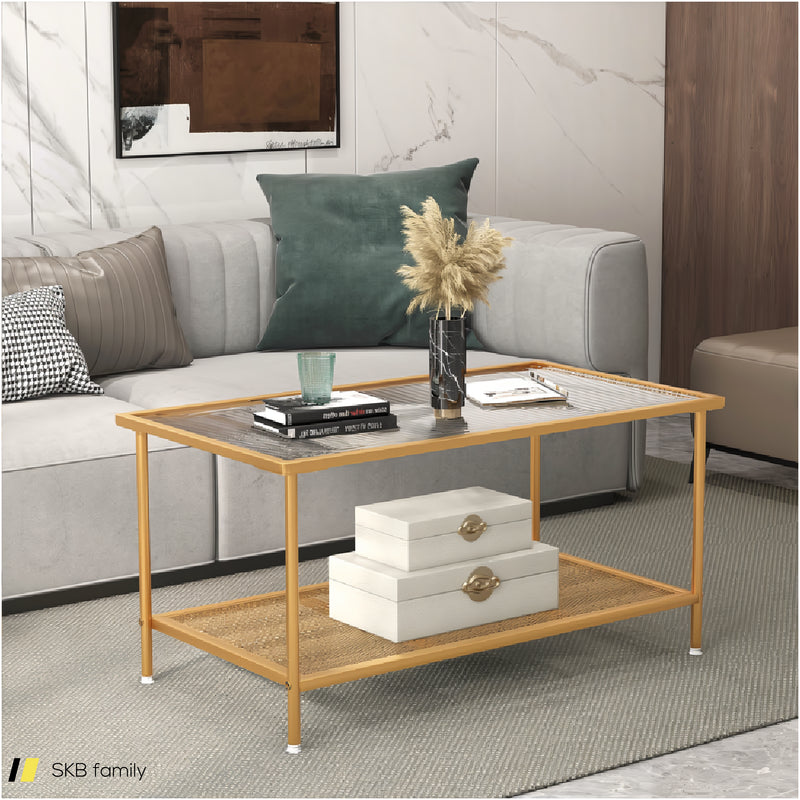 2-Tier Coffee Table With Shelf Center Tea Table With Tempered Glass Top 240615-230189