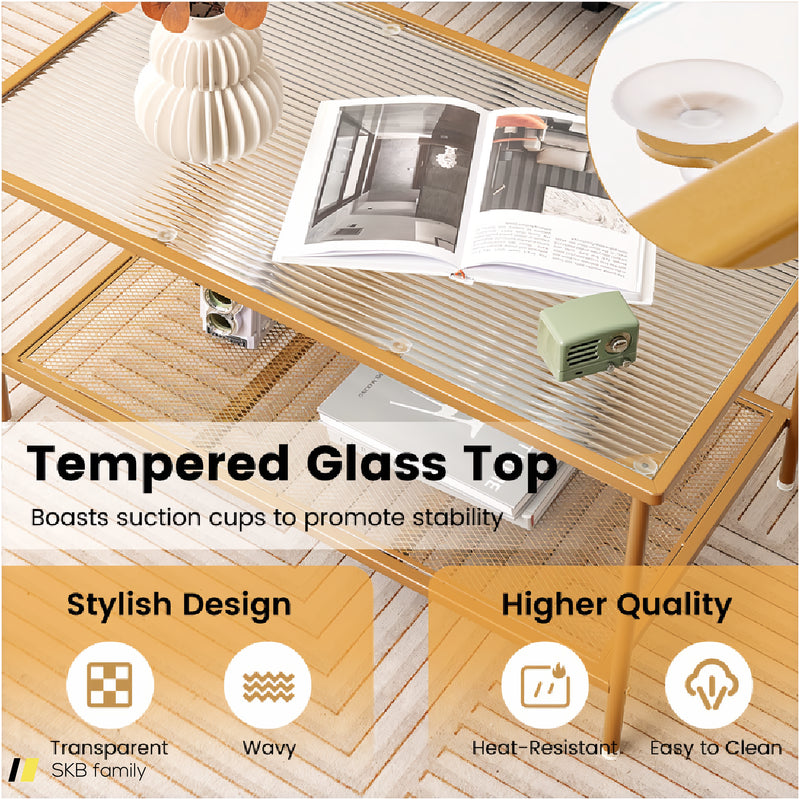 2-Tier Coffee Table With Shelf Center Tea Table With Tempered Glass Top 240615-230189