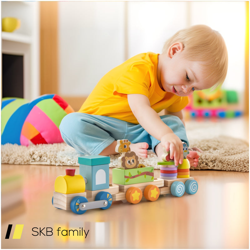 Wooden Stackable Educational Train Set With Colorful Animal Toys And Retractable Locomotive 240515-230760