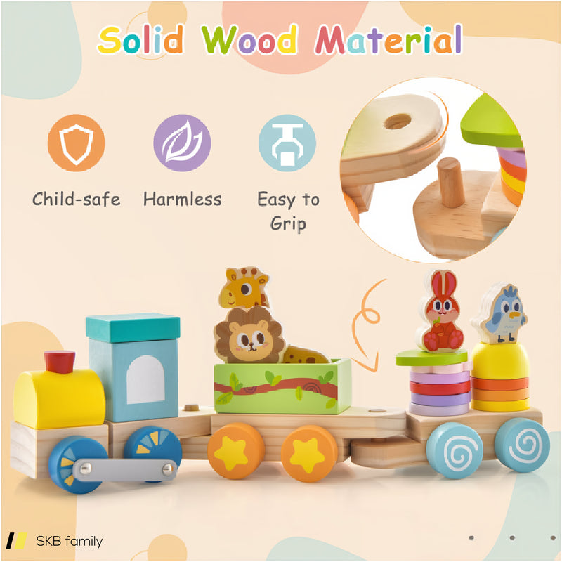 Wooden Stackable Educational Train Set With Colorful Animal Toys And Retractable Locomotive 240515-230760