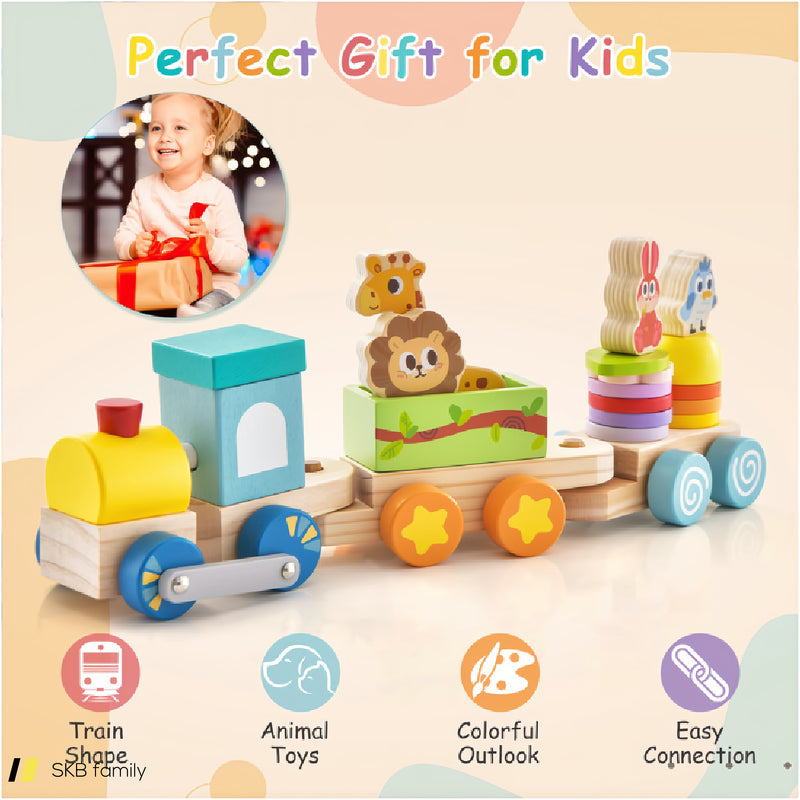 Wooden Stackable Educational Train Set With Colorful Animal Toys And Retractable Locomotive 240515-230760