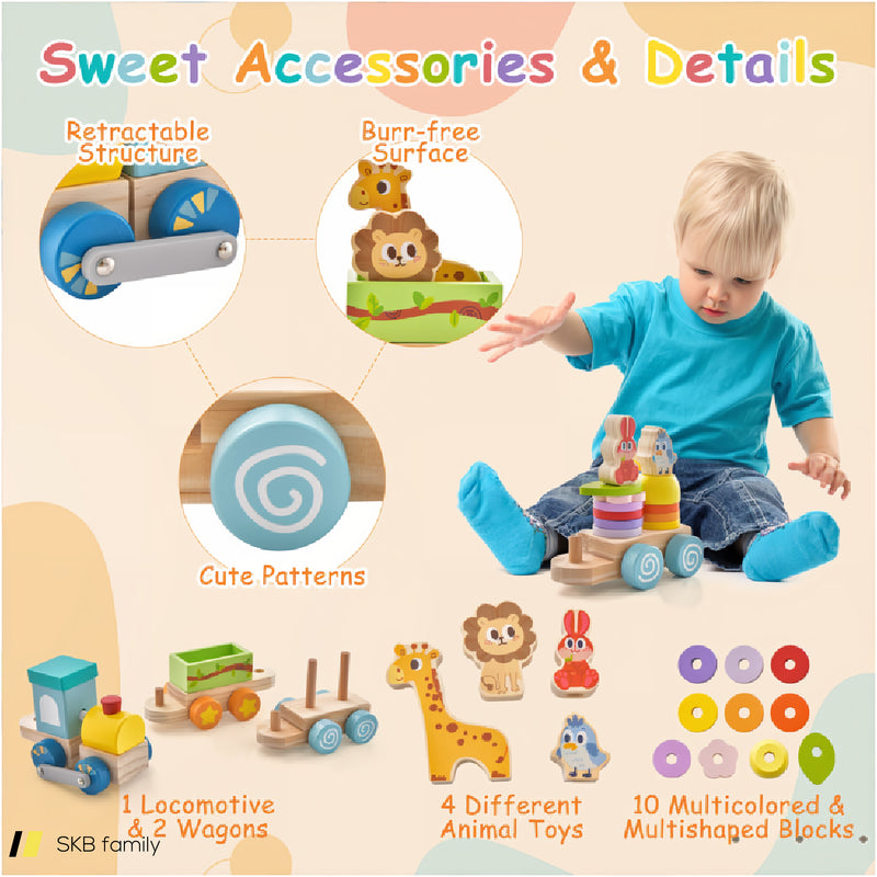 Wooden Stackable Educational Train Set With Colorful Animal Toys And Retractable Locomotive 240515-230760