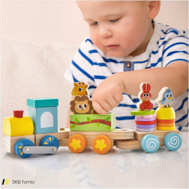 Wooden Stackable Educational Train Set With Colorful Animal Toys And Retractable Locomotive 240515-230760