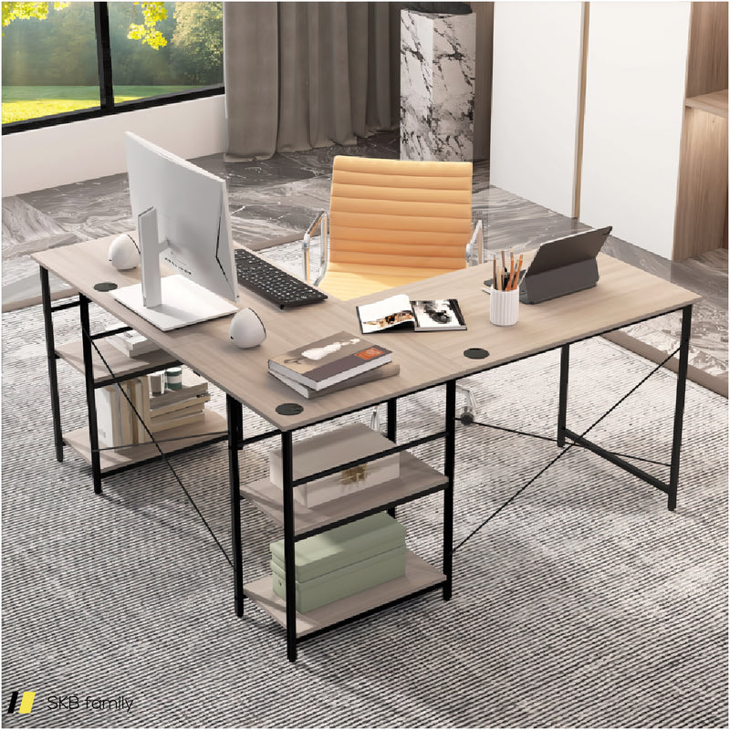 L-Shaped Computer Desk With 4 Storage Shelves And Cable Holes 240515-230761