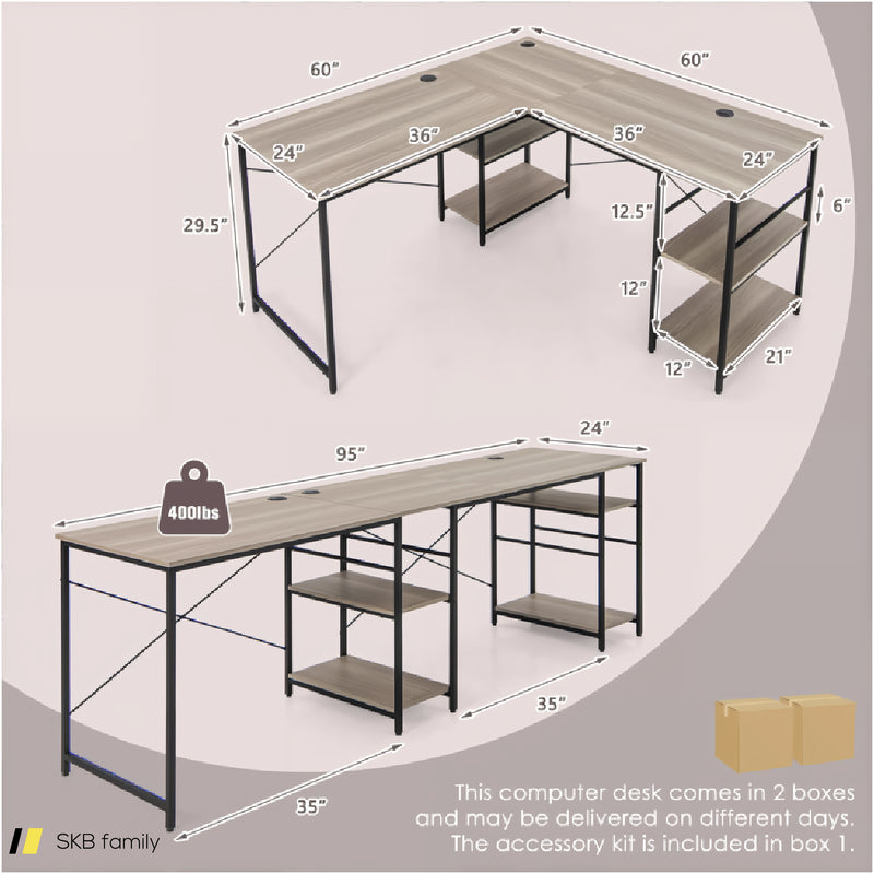 L-Shaped Computer Desk With 4 Storage Shelves And Cable Holes 240515-230761