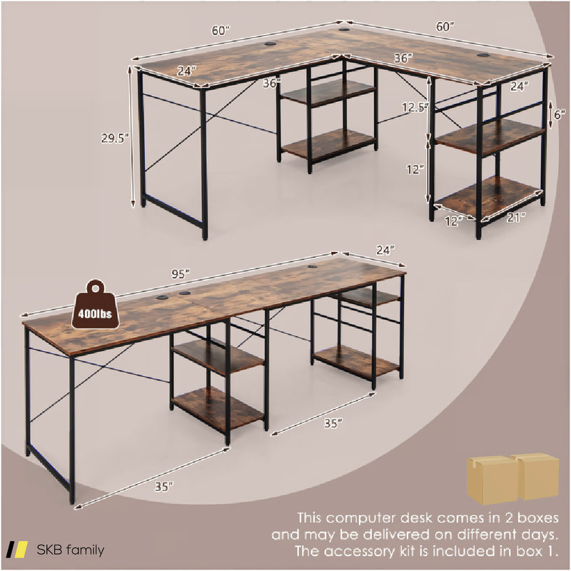 L-Shaped Computer Desk With 4 Storage Shelves And Cable Holes 240515-230761