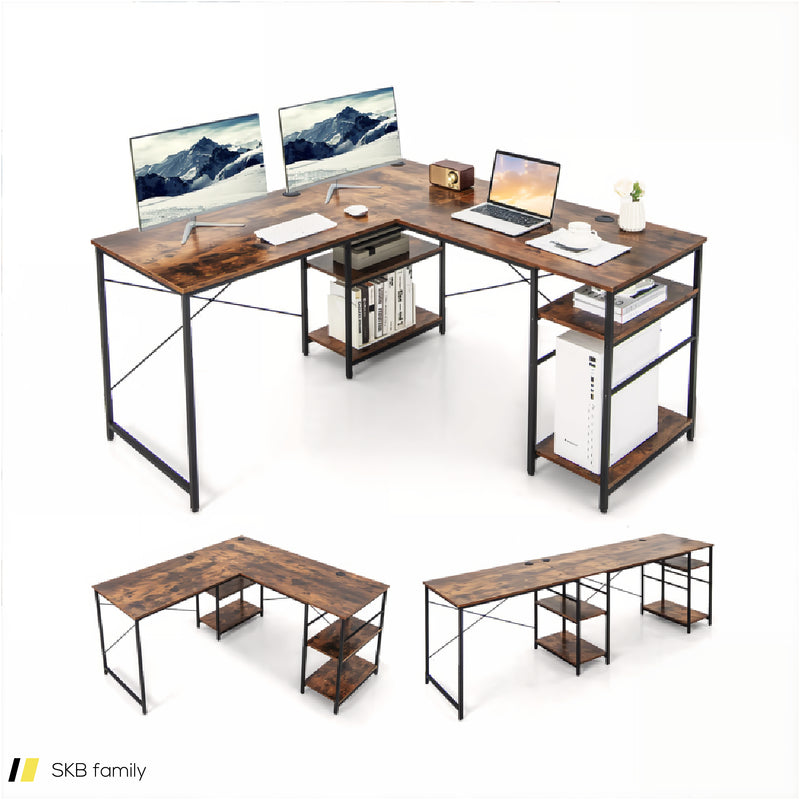 L-Shaped Computer Desk With 4 Storage Shelves And Cable Holes 240515-230761