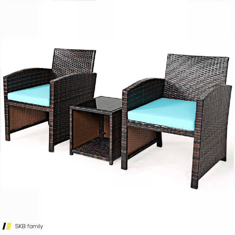 3 Pieces Pe Rattan Wicker Furniture Set With Cushion Sofa Coffee Table For Garden 240515-230763