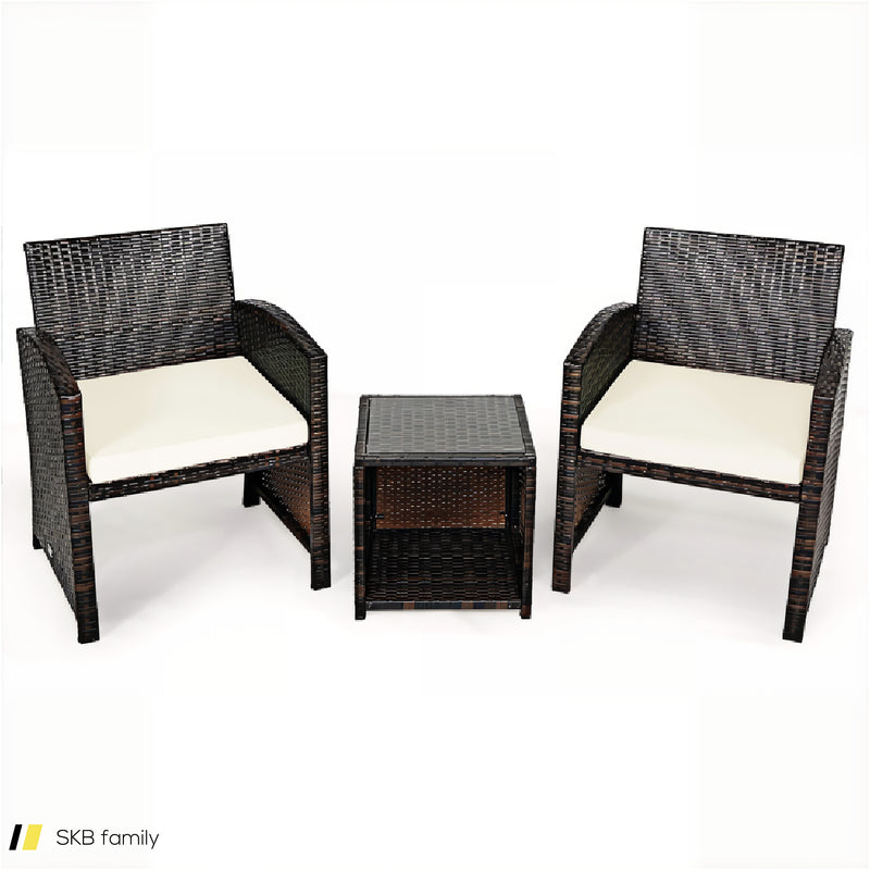 3 Pieces Pe Rattan Wicker Furniture Set With Cushion Sofa Coffee Table For Garden 240515-230763